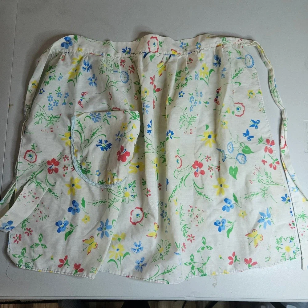 Vintage Floral Butterfly Half Apron White Cotton‎ Multi Color Retro Cottagecore